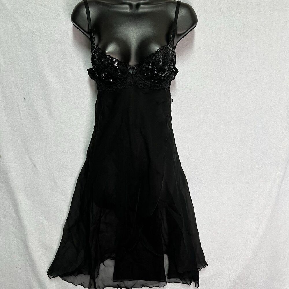 Vintage Shirley Of Hollywood Black Sheer Babydoll Slip Dress Floral Sequin Small